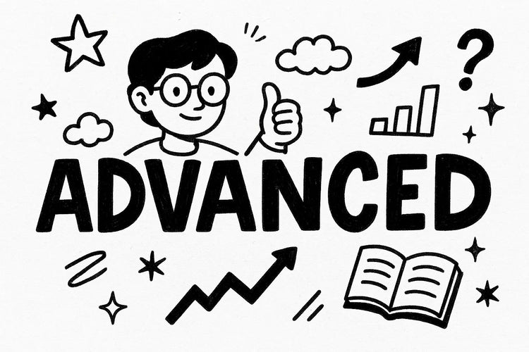 Hand-drawn digital illustration of the word 'ADVANCED' with a confident cartoon character giving a thumbs-up, surrounded by doodles of stars, graphs, question marks, clouds, and an open book, representing the Doodle Escape advanced learning collection.