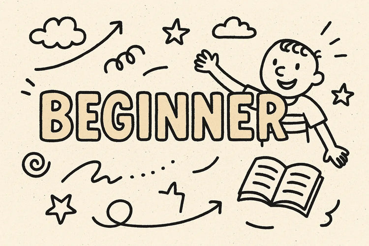Hand-drawn digital illustration of the word 'BEGINNER' with a smiling cartoon child waving, surrounded by doodles of stars, clouds, arrows, and an open book, representing the Doodle Escape beginner learning collection.