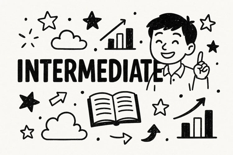 Hand-drawn digital illustration of the word 'INTERMEDIATE' with a smiling cartoon student raising one finger, surrounded by doodles of stars, graphs, arrows, clouds, and an open book, representing the Doodle Escape intermediate learning collection.