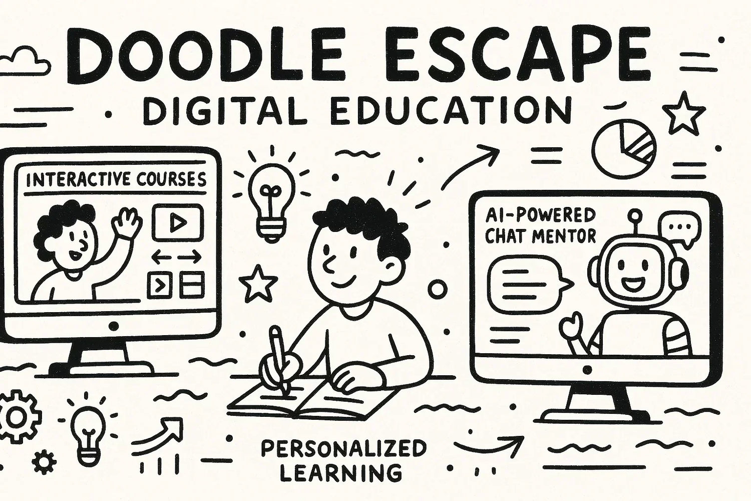 Hand-drawn illustration of the Doodle Escape platform featuring a student learning with an AI mentor, interactive course elements, and educational symbols like gears, lightbulbs, and stars in a creative black-and-white style.