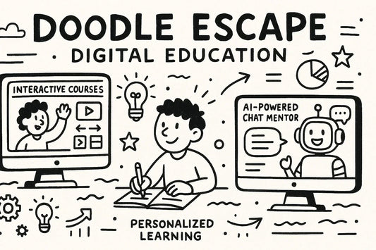 Hand-drawn illustration of the Doodle Escape platform featuring a student learning with an AI mentor, interactive course elements, and educational symbols like gears, lightbulbs, and stars in a creative black-and-white style.
