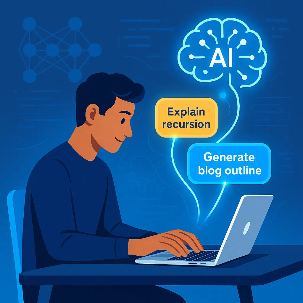 Illustration of a person at a desk typing AI prompts on a laptop, with floating text bubbles and a glowing neural network icon overhead.