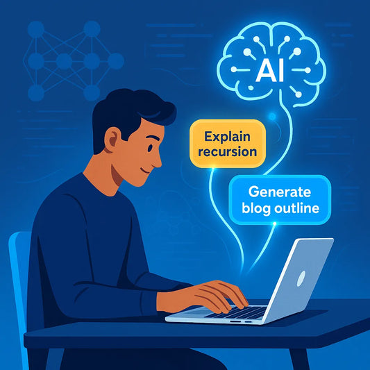 Illustration of a person at a desk typing AI prompts on a laptop, with floating text bubbles and a glowing neural network icon overhead.