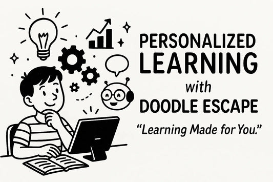 Hand-drawn wide-format illustration of a student using a tablet with personalized learning features, guided by a friendly AI mentor, surrounded by doodles of lightbulbs, gears, and the words 'Personalized Learning – Learning Made for You' in playful text