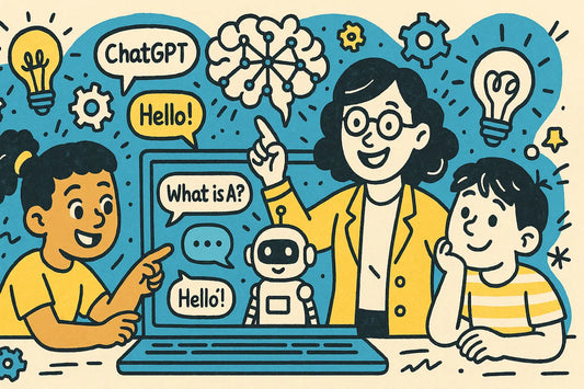 Kids and an adult educator interacting with an AI chatbot on a laptop.
