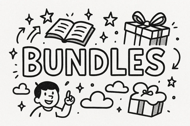 Hand-drawn digital illustration of the word 'BUNDLES' with a smiling cartoon character pointing upward, surrounded by doodles of stars, clouds, arrows, open books, and gift boxes, representing the Doodle Escape bundles collection.