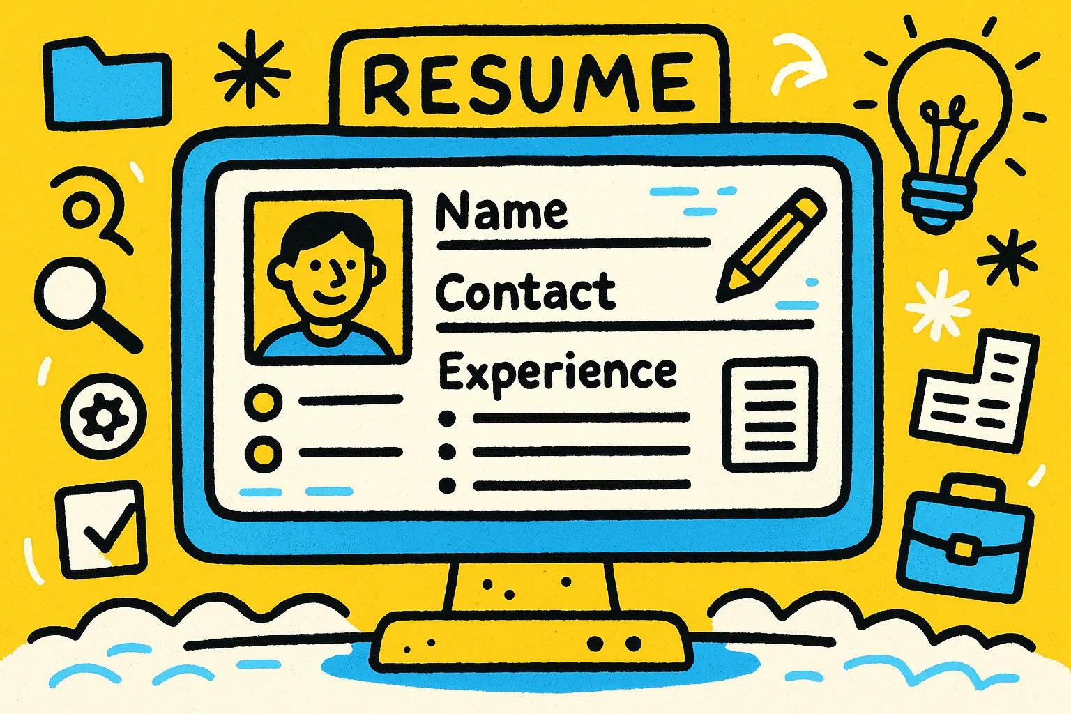 Central monitor showing labeled sections: Name, Contact, Experience

Doodle icons: pencil, magnifying glass, briefcase, checklist.